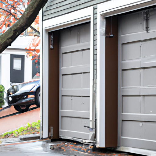 Brookline residential garage with a modern sectional door partially open and visible opener rail; wet pavement and rowhouses in background.