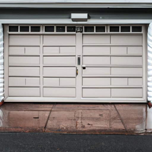 Residential garage door on a Brookline, MA street after rain, showing door panels and weatherseal.