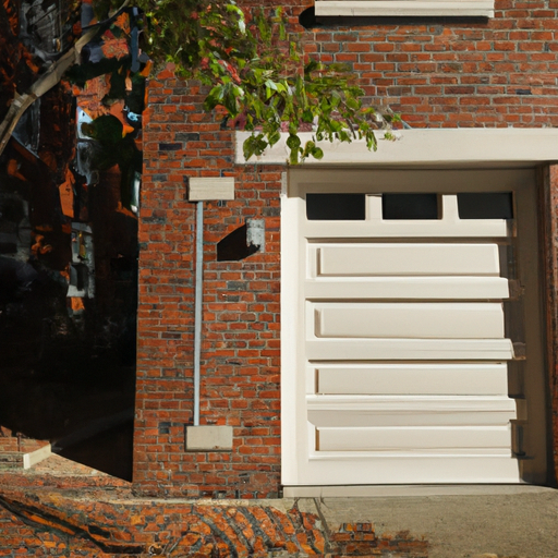 Brookline residential home with a closed modern sectional garage door on a tree-lined street in autumn.