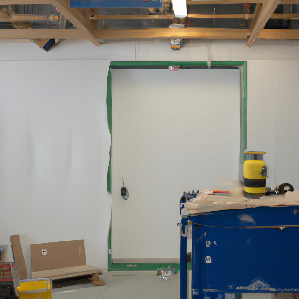 Interior view of a garage wall with foam board insulation panels installed