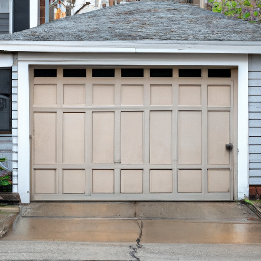 Brookline home with a painted steel raised-panel garage door in late-afternoon light, showing material texture and trim.