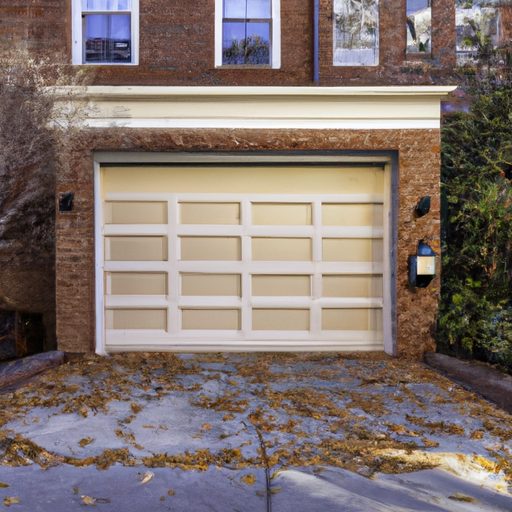 Residential garage door on a brick Brookline, MA townhouse in late autumn, closed with weatherstripping visible
