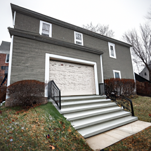 Brookline house exterior with insulated steel garage door, brick trim, and light frost on lawn under an overcast sky.