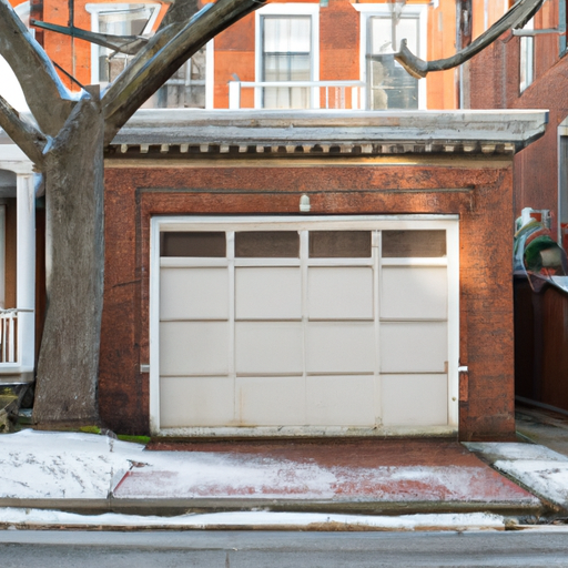 Wide shot of a Brookline residential garage door on a snow-dusted street with brick homes in soft winter light.