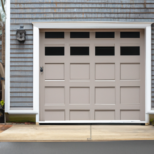 Brookline suburban house with a slightly open sectional garage door on a damp driveway, showing door panels and hardware.