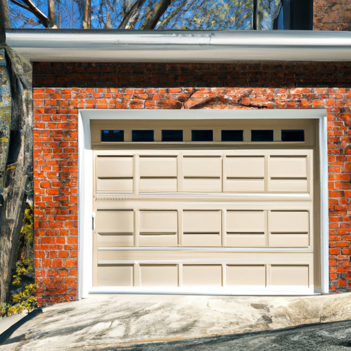 Insulated garage door on a Brookline, MA home with visible seal and weatherstripping, brick trim and street trees.