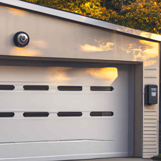 Brookline suburban home garage door with a visible smart garage controller mounted by the frame at golden hour.