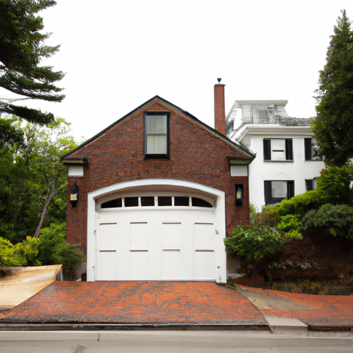 Brick Brookline townhouse with a modern insulated garage door, driveway and street trees, overcast light.