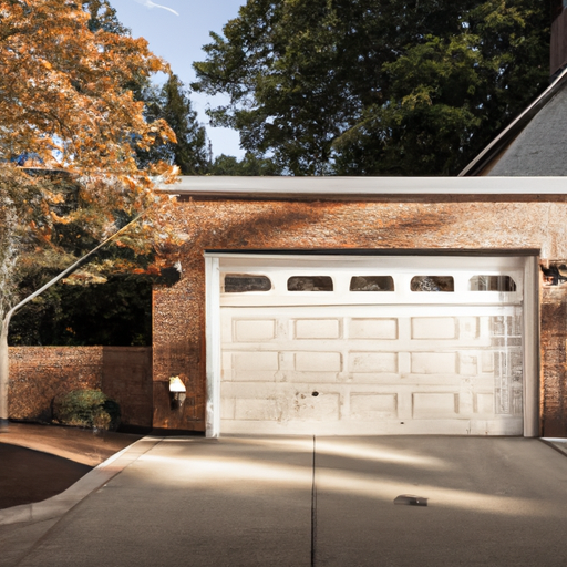 Editorial shot of a Brookline, MA home with a modern steel garage door, brick facade, maple tree and driveway