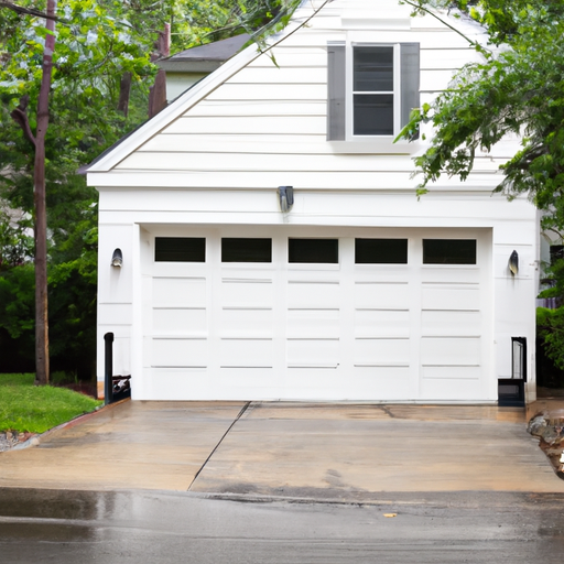 Brookline residential home with a modern white garage door on a slightly overcast day; wet pavement and visible tracks.