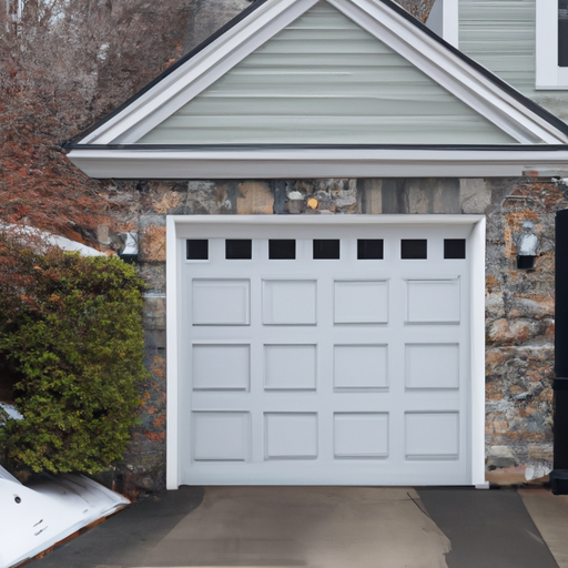 Exterior view of a Brookline home with an insulated garage door, light snow on the ground, and trimmed shrubs.