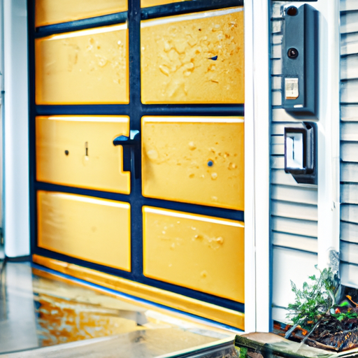 Brookline suburban home with a modern garage door, smart keypad, and wall-mounted smart hub visible; early morning light, wet driveway.