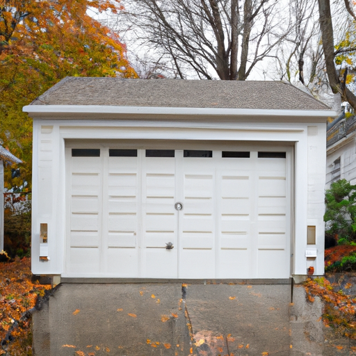 Brookline suburban garage with visible bottom weather seal and threshold on a wet autumn day.