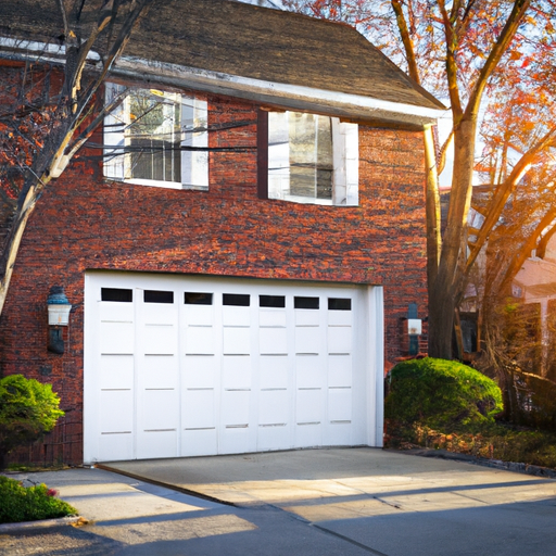 Brookline townhouse with a modern sectional garage door and New England landscaping, late afternoon light.